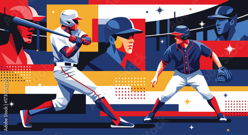Mural style illustration of baseball players in action, highlighting the intensity of batting and fielding with bold geometric shapes, vivid colors, and dynamic energy on the field