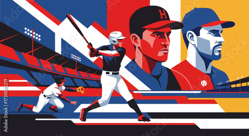 Mural style illustration of baseball players in action, highlighting the intensity of batting and fielding with bold geometric shapes, vivid colors, and dynamic energy on the field
