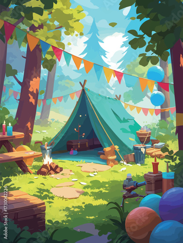 A cheerful campsite is set up in a bright forest with a blue tent, colorful flags, and playful decorations. The scene features wooden benches and a cozy fire pit.