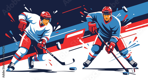 Mural style illustration of ice hockey players in action, showcasing speed, power, and teamwork on the rink with bold geometric shapes and vibrant colors