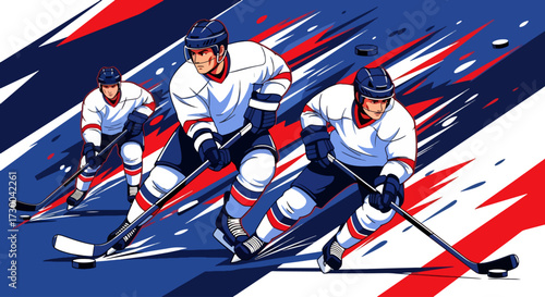 Mural style illustration of ice hockey players in action, showcasing speed, power, and teamwork on the rink with bold geometric shapes and vibrant colors