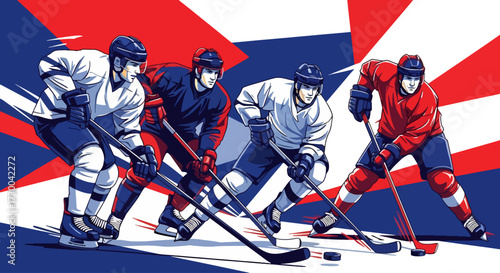 Mural style illustration of ice hockey players in action, showcasing speed, power, and teamwork on the rink with bold geometric shapes and vibrant colors