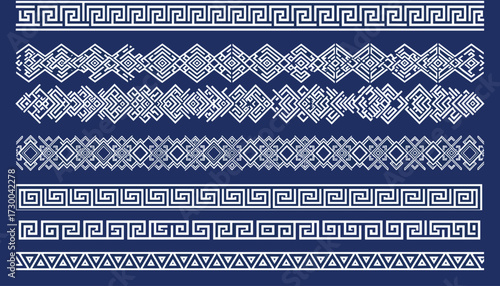 Vector art of collection of seven seamless ornamental borders in white on a dark blue background, featuring geometric patterns and greek key motifs 