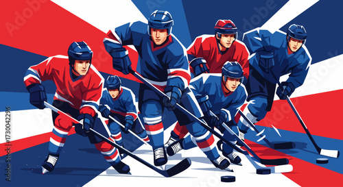 Mural style illustration of ice hockey players in action, showcasing speed, power, and teamwork on the rink with bold geometric shapes and vibrant colors