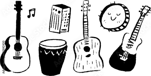 Cartoon musical instruments set: guitar, banjo, and drum. Simple hand-drawn vector illustration on a black and white background.