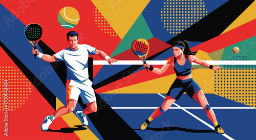 Mural style illustration of padel tennis players in action on a vibrant court, highlighting energy, teamwork, competition, and the dynamic spirit of modern racket sports