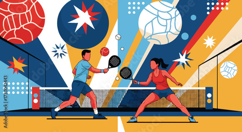 Mural style illustration of padel tennis players in action on a vibrant court, highlighting energy, teamwork, competition, and the dynamic spirit of modern racket sports