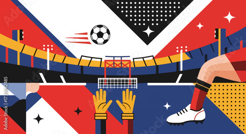 Mural style illustration of a dynamic soccer match in a stadium with players in action, a ball flying toward the goal, symbolizing energy, competition, teamwork, and sports passion