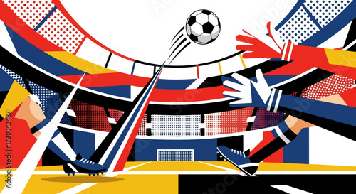 Mural style illustration of a dynamic soccer match in a stadium with players in action, a ball flying toward the goal, symbolizing energy, competition, teamwork, and sports passion