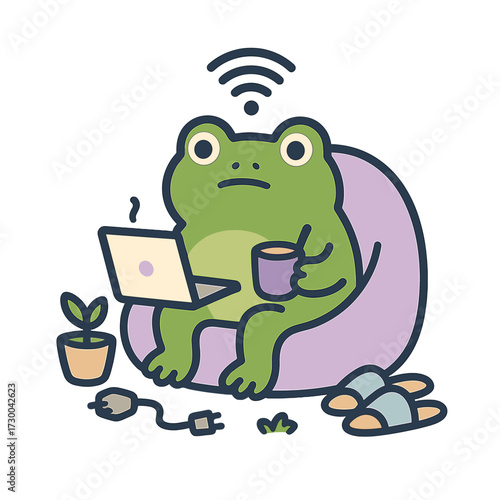 Cute frog on beanbag working remotely with laptop and coffee. Cozy WFH theme.