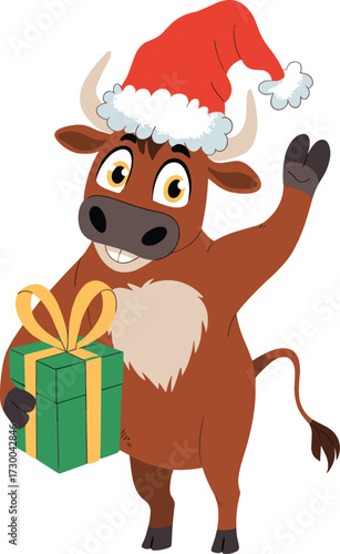 A Dressed-Up Cartoon Bull or Ox Character in a Tuxedo and Bow Tie, Celebrating with a Champagne Glass and a Soft-Serve Ice Cream Cone Vector.