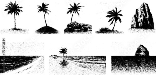 Silhouetted palm trees and rocks on a coast. Black and white vector illustration featuring simple natural scenery in a cohesive set.