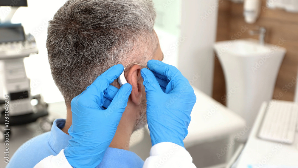 Fototapeta premium Audiologist installing hearing aid on ear of adult man in hearing clinic. Deafness Treatment, hearing solutions
