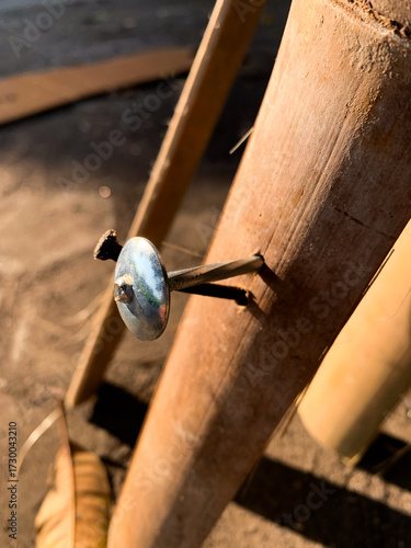 Rough texture of natural bamboo wood post split by a long, modern nail and an old, rusty nail driven next to it. Scene represents simple construction, repair, or outdoor gardening structure