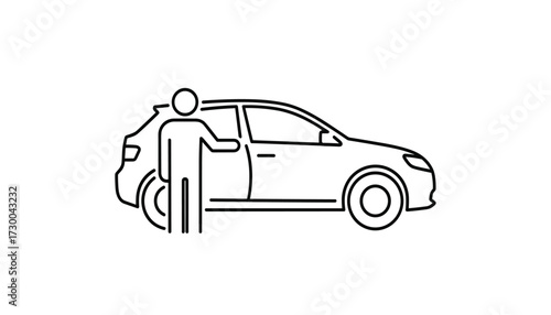 Vector art of simple line art icon of a person standing next to a car with the drivers door open 