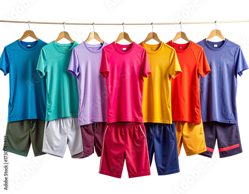 Set of Sportswear in vivid hues (jerseys, running shorts, yoga pants) clipped in sequ