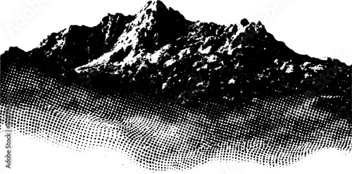 Black and white mountain landscape vector illustration. Textured graphic featuring silhouettes and dotted patterns, representing abstract nature forms.