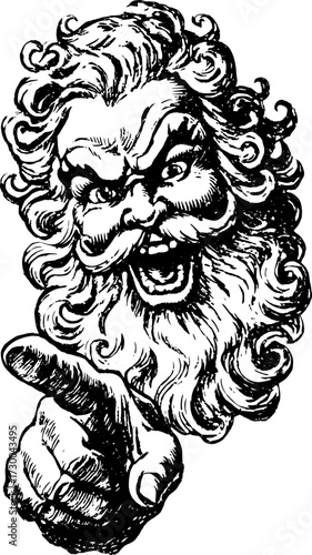 Angry man with a curly beard, pointing aggressively. Vintage black and white vector illustration, showcasing dramatic expression in a stylized design.