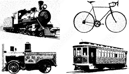 Train, bicycle, trolley, and vintage carriage illustrations in black and white. Detailed vector illustration showing various transportation modes in a set.
