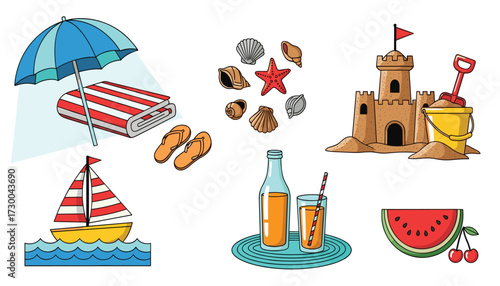 Vector art of collection of summer beach vacation icons including a sailboat, beach umbrella with towel and flipflops, seashells, sandcastle, drinks, and watermelon slice 