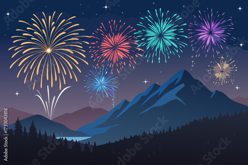 Featuring Festival Fireworks Above Mountain Landscape Bold Beautiful High-Quality Stock Image
