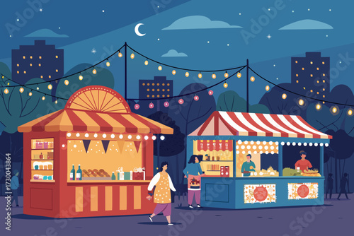 Dynamic Festival Food Stalls With Glowing Lights Bold Professional Photo