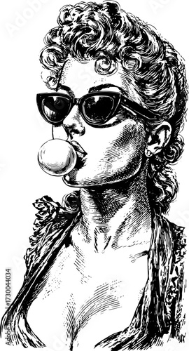 Woman with sunglasses chewing gum in a vintage style. Classic vector illustration featuring a confident female with curly hair.