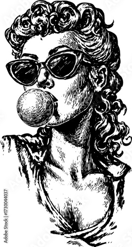 Woman blowing bubble gum in a retro style. Vintage black and white vector illustration featuring curly hair and sunglasses.