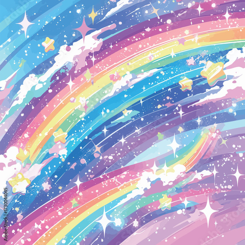 A vibrant scene features a swirling rainbow with bright pastel colors and glittering stars against a soft background. The design evokes joy and whimsy.