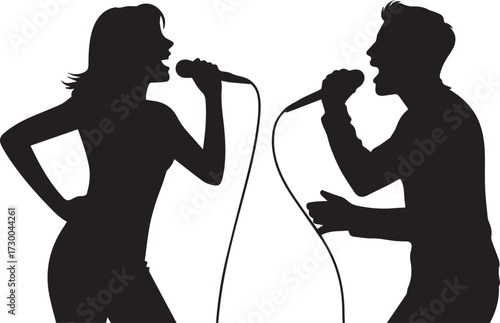 A woman and a man singing with a microphone silhouette vector, black and white silhouette vector illustration