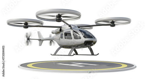 A futuristic air taxi hovers above a landing pad, ready for takeoff isolated on transparent background