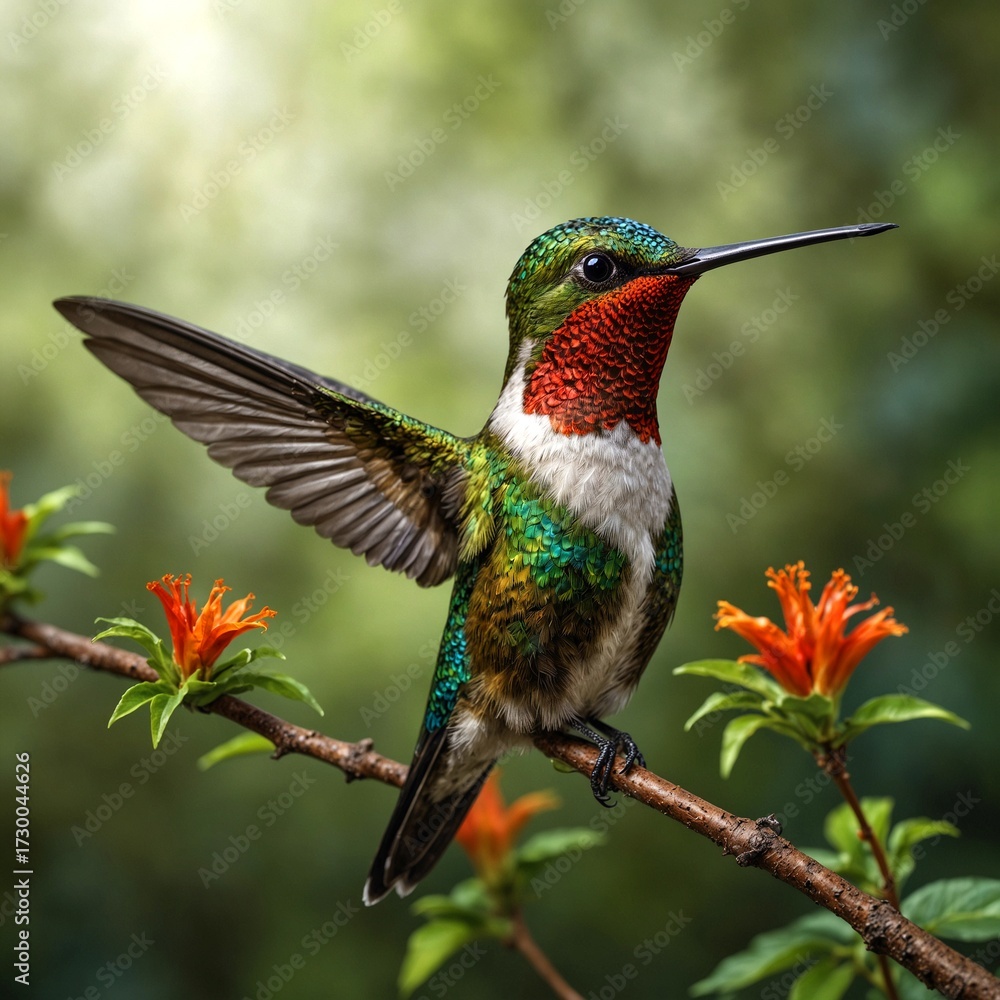 Fototapeta premium Realistic full-body hummingbird perched on a natural branch, surrounded by lush greenery. The bird showcases a vibrant mix of natural feather colors, with a clear background free of distractions.