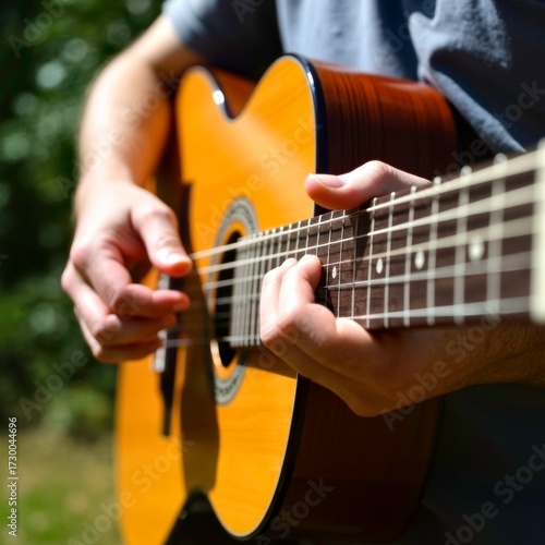 The hand of a character playing guitar