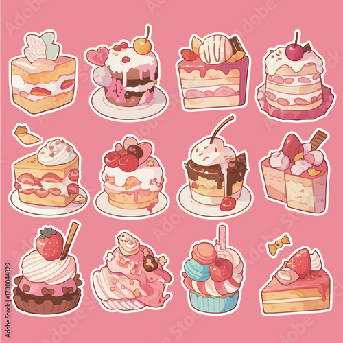 A collection of sweet dessert stickers showcases various cakes and ice cream treats, including layered cakes, cupcakes, and sundaes, all set against a vibrant pink background.