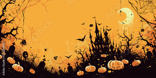 A Halloween landscape features a dark castle surrounded by bats, tombstones, and glowing pumpkins set against a bright orange sky. Perfect for spooky celebrations.