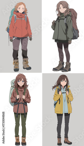 Four characters are shown in different hiking outfits, each prepared for outdoor adventures. They showcase a variety of styles suited for different weather conditions.