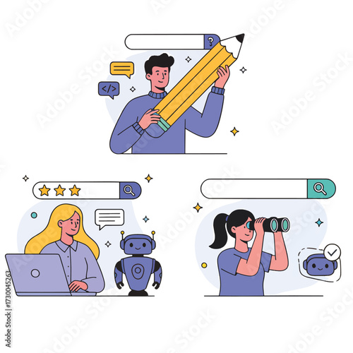 AI search set. Characters use artificial intelligence assistant for internet surfing, online searching, finding answers, research. Seo optimization concept. Vector illustration.