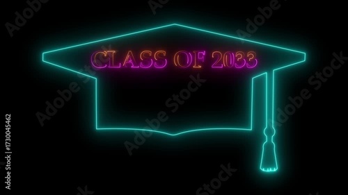 glowing icon panorama sign with student hat, as a class 2033. mortarboard hat and text  on black background. 