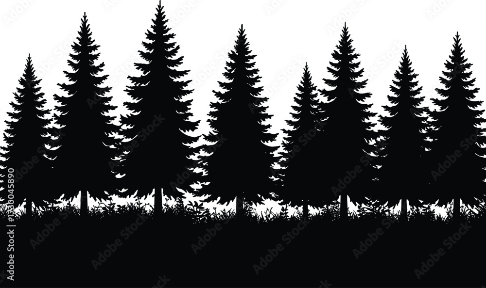 Fototapeta premium Dense Forest Silhouette with Grass and Underbrush – Black and White Vector for Nature, Landscape, and Environmental Design Use