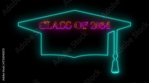 glowing icon panorama sign with student hat, as a class 2034. mortarboard hat and text  on black background. 