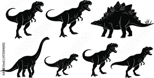 Dinosaur Silhouette Set – Black and White Vector Illustrations of T. rex, Stegosaurus, and Brachiosaurus for Educational Design Use