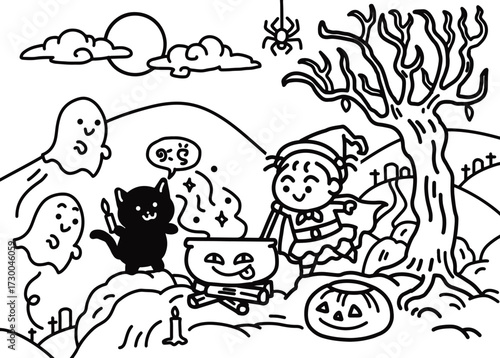A little witch is performing a ritual with a black cat.