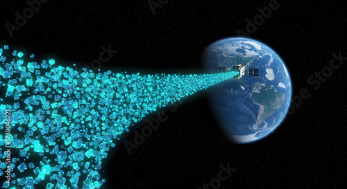 Data packets depicted as glowing cubes flowing from a satellite towards Earth