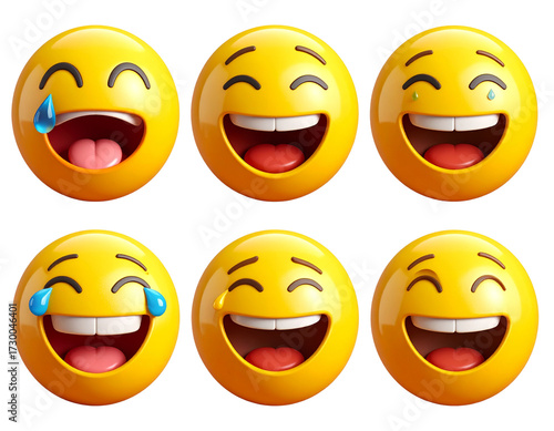 Set of Photorealistic emoji with a bright yellow face and teary eyes from laughing,  