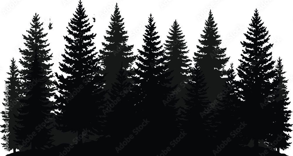 Obraz premium Layered Pine Forest Silhouette on Hill – Black and White Vector Illustration for Nature, Landscape, and Environmental Concept Design Use