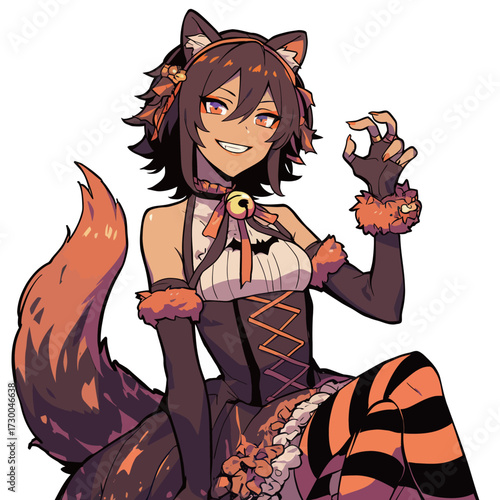 A cheerful female character in a cute cat costume sits confidently. Her vibrant outfit features striking orange and black stripes paired with fluffy accessories.
