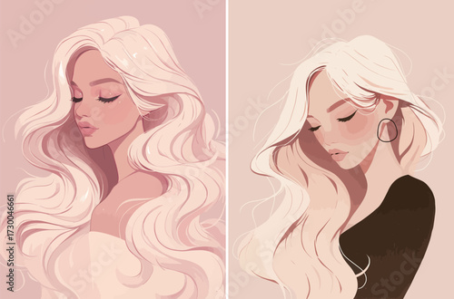 Two side-by-side illustrations show a woman with long, flowing hair. One has a soft pink background, the other a muted beige, highlighting her beauty.