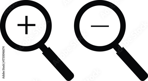Zoom in and zoom out icons black magnifying glass with plus and minus symbols