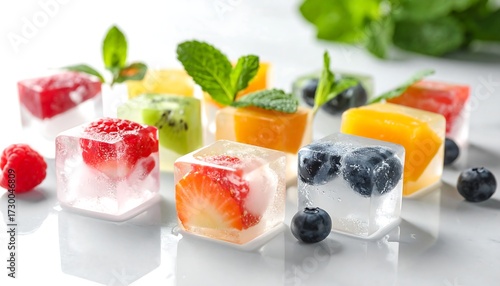 Colorful fruit ice cubes on a surface