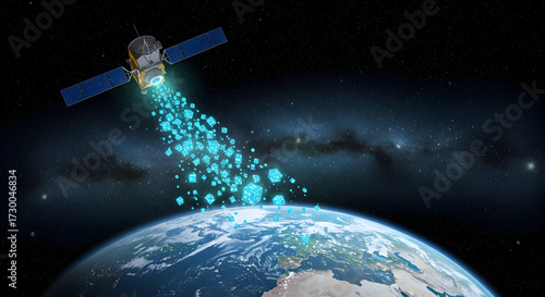 Data packets depicted as glowing cubes flowing from a satellite towards Earth